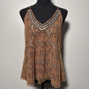 Gimmicks by BKE Women's Sheer Blouse Beaded Orange Beaded Boho Western Small